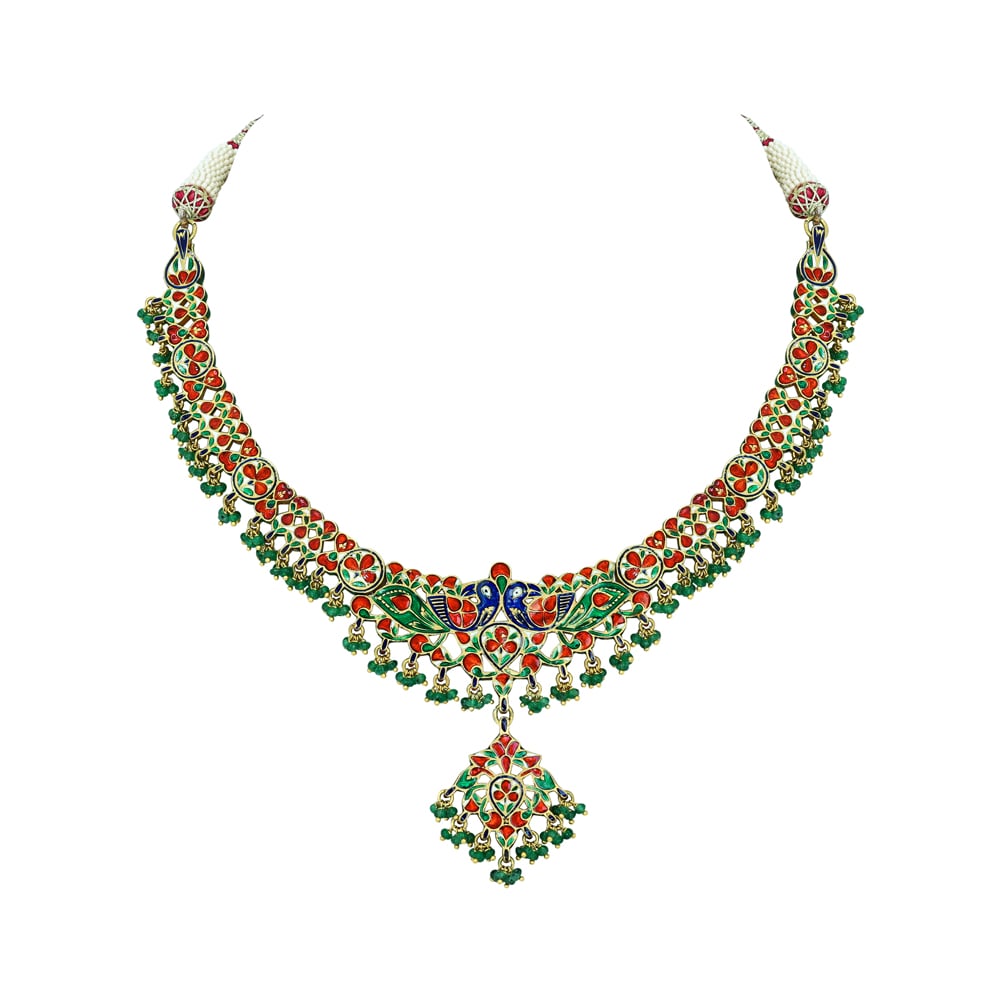 Peacock Polki Necklace with Multicolour Enamel and Bead Drops